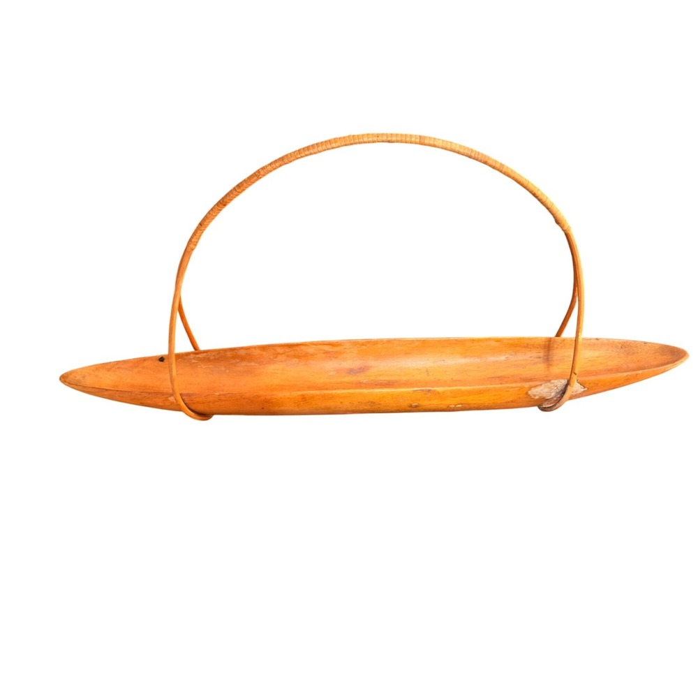 Vintage‎ Dansk Danish Modern Wood Boat Tray Bowl Wicker Bamboo Handle 21" Boho
